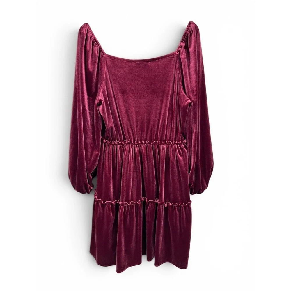 Betsey Johnson Burgundy Velvet Tiered Mini Dress Bishop Sleeve JL308559 Womens L - Picture 3 of 7